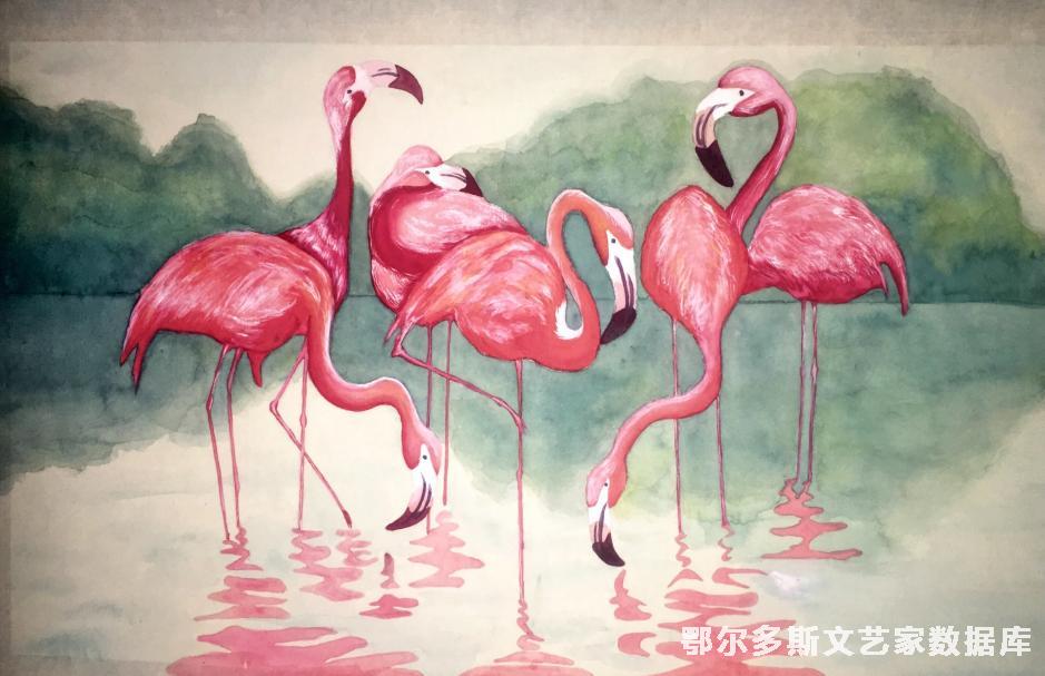 火烈鸟 国画 60cm×90cm